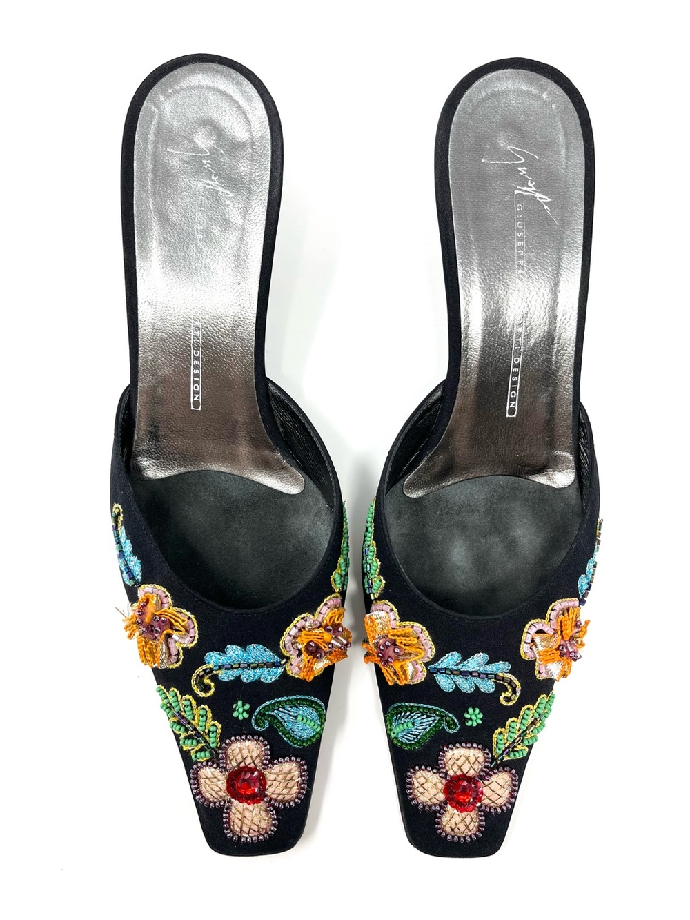 Vintage Giuseppe Zanotti Y2K Black Satin Beaded Flower Mules Kitten Heels 7.5 - Picture 2 of 10